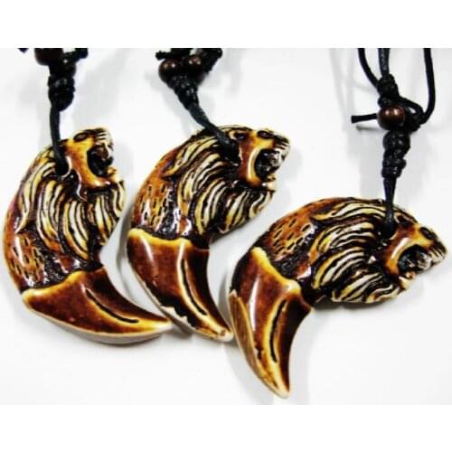 FREE SHIPPING 12 PCS Retro Imitation Bone Powder Mens Amulet hemp rope lion Necklace