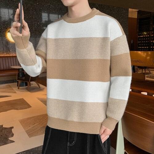 Men Sweater Wide Stripe Pattern Crek Neck Sweater Long Sleeve Sweater Men Autumn Winter Korean Fashion Pullovers Men Tops Warm