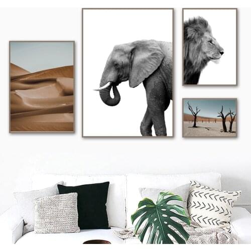 Elephant Lion Desert Tree Wall Art Canvas Painting Animal Nordic Posters And Prints Black White Canvas Pictures For Living Room