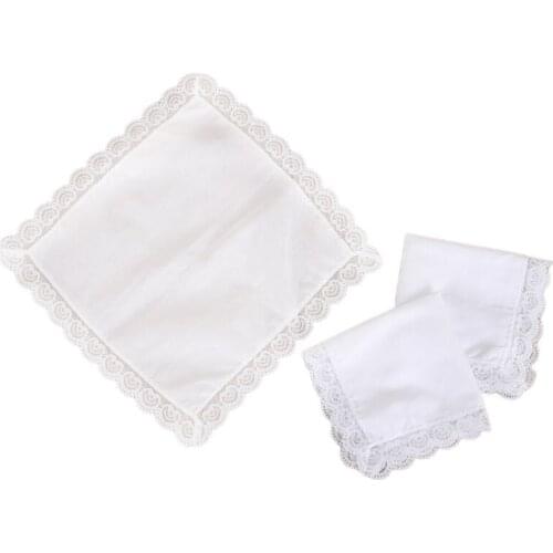 25x25cm Women Plain White Square Handkerchiefs Crochet Peach Heart Scalloped Lace Trim Bridal Wedding DIY Cotton Napkin Hankies