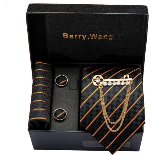 New Fashion Mens Wedding Tie Gold Paisley Silk Tie Hanky Brooch Set Barry.Wang Jacquard Woven Neckties For Men Party Gift Box