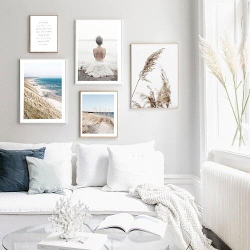 Beach View Girl Grass Reeds Poster Nordic Canvas Wall Art Print Nature Landscape Painting Decorative Pictures Scandinavian Decor