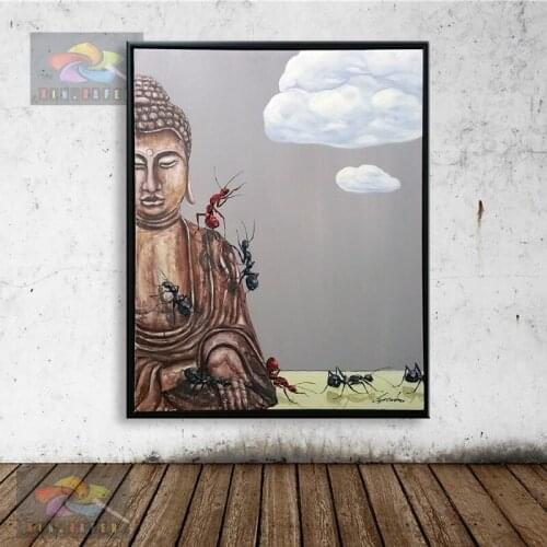 Hand Painted oil painting Dafen artist Liang Canbin created large-scale abstract oil painting Buddha statue and ants