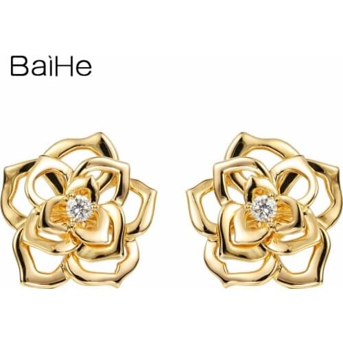 BAIHE Solid 14K Yellow Gold 0.12ct H/SI Natural Diamond Wedding Trendy Fine Jewelry flower diamond Stud Earrings for women