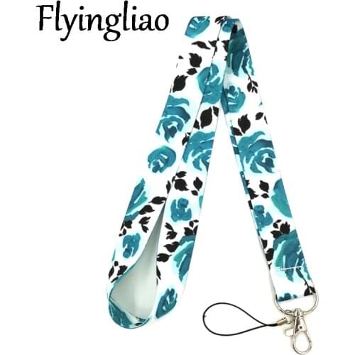 Blue Flower Rose Lanyard for Keys Phone Cool Neck Strap Lanyard for Camera Whistle ID Badge Cute webbings ribbons Gifts