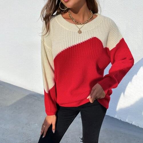 Sweater Women O-neck Contrast Splicing Pullover Sweater Women Winter Loose Oversized Knitted Sweaters Ladies Jumper