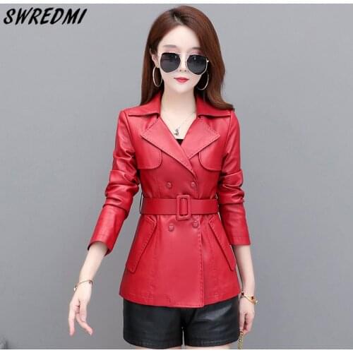 SWREDMI Short Leather Trench Slim Sashes Coats Women Turn-Down Collar Double Breasted Jackets Oversized M-5XL Leather Coat