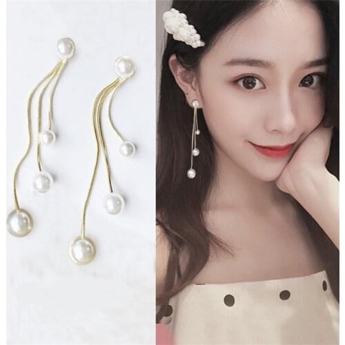 2020 korean fashion luxury pearls drop earrings for women long tassel dangle earings safety pin earring earing jewelry