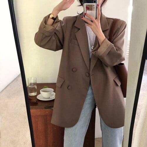 Womens Single Button Blazer Casual Roll Up Sleeve Jacket with Pocket Korean Girls Streetwear Loose Blazers Spring Coat