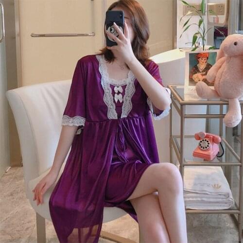 Women Rayon 2PCS Robe Set Bride Bridesmaid Wedding Robe Gown Lace Sexy Kimono Bathrobe Night Dress Casual Nightgown Sleepwear