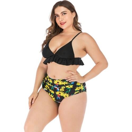 Female Plus Size Bikini Flower Printing Scollop Bikini High Waist Two Piece Bikini Swimsuit Swimwear Beach