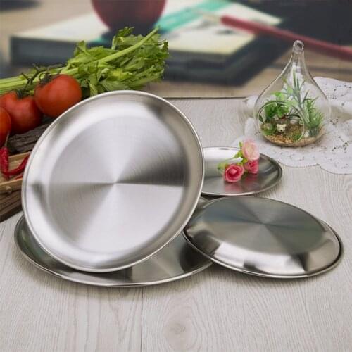 1pcs Stainless steel Dishes Plate Silver Round Serving Tray BBQ Grill Meat Cake Dessert Plates Restaurant Cutlery set 7 size