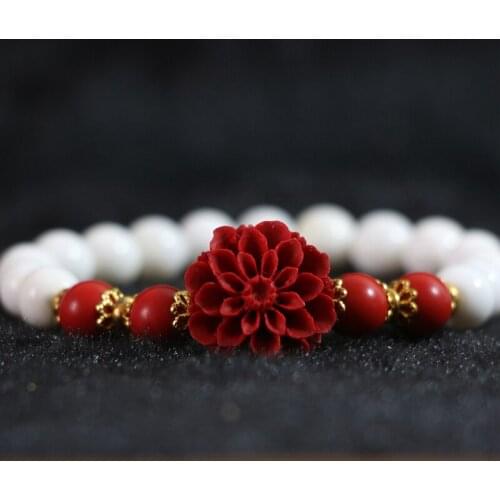 8mm round beads bracelets natural white tridacna red cinnabar flower pendant diy bracelet for women charms jewelry 7.5inch B820