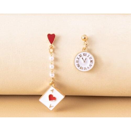 Alice Wonderland Princess Asymmetric Drop Earring Clock Poker Card Enamel Womens Earrings Fashion Jewelry for Girl Gifts