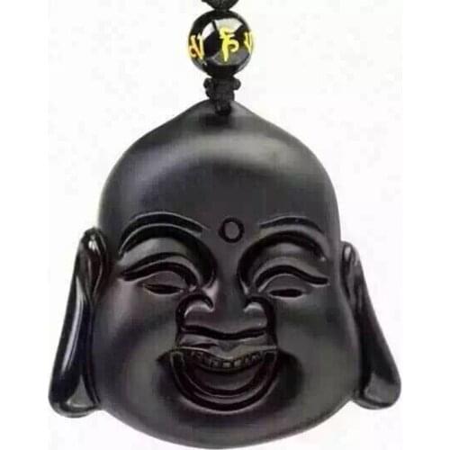 Free shipping Natural frosted obsidian laughing Buddha necklace pendant with rope wholesale