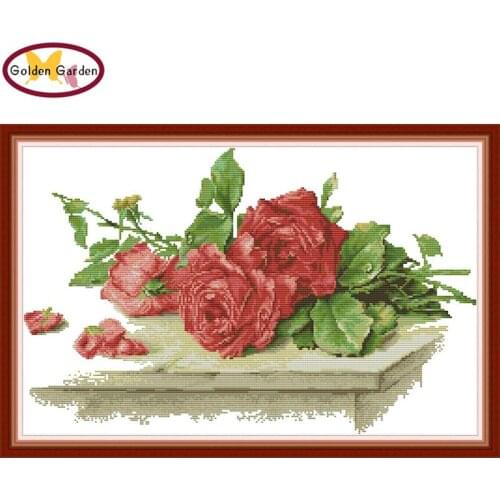 GG Red Roses on The Table Cross Stitch Kit 11CT14CT Chinese Embroidery Needlework Set Print Cross Stitch Pattern for Home Decor