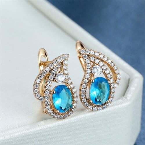Aqua Blue Oval Zircon Hoop Earrings Water Drop Crystal Small Stone Earrings Dainty Gold Color Wedding Earrings For Women Jewelry