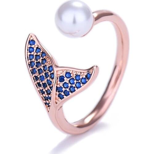 Hot Sale New Style Dolphin Mermaid Pearl Blue Full Diamond Ring Mermaid Foam Open Ring Modern Fashion Female Jewelry