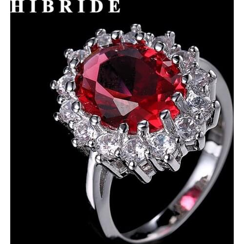 HIBRIDE Flower Shape Red Rhinestone Rings For Women Wedding Jewelry High Quality CZ Stone Ring R-174