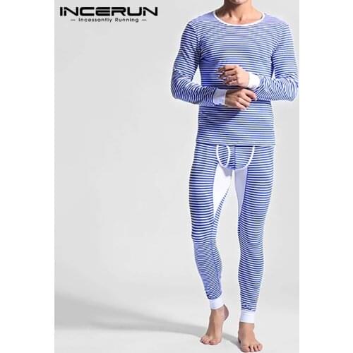 INCERUN Men Striped Pajamas Sets Long Sleeve O Neck Elastic Pants 2 Pieces Man Leisure Patchwork Sleepwear Suits Comfy Homewear