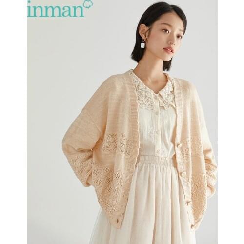 INMAN Autumn Womens Cardigan Elegant Sweet Hollow Jacquard V-Neck Loose Buttons Knitted Shirt Females Top