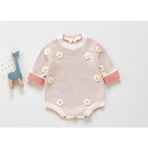 New Spring Autumn Infant Baby Girls Knit Long Sleeve Flower Coat + Braces Rompers Clothing Sets Kids Girl Suit Clothes 0-3Yrs