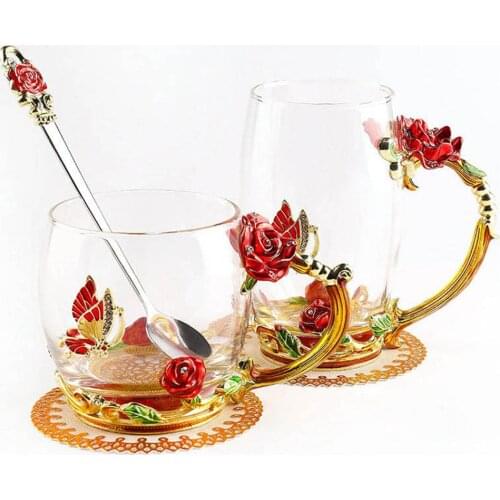 Creative Red Blue Rose Enamel Water Cup Flower Tea Cup Tea Set Glass Mug Coffee Home Office Handmade Lover Gift With Spoon