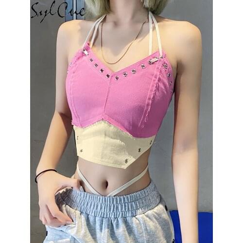 Sylcue Summer girl pink and tender collision color false two small sling women irregular Hanging your with a halter vest