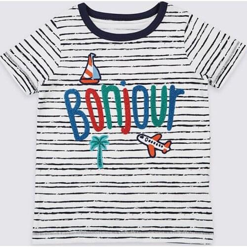 Little Maven New Summer Kids Clothing Short O-neck Striped Letters Bonjour Embroidery Knitted Cotton Quality Boys Casual Tshirts