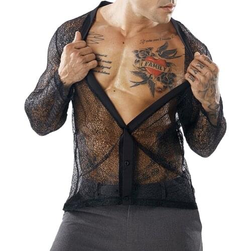 Men Club Party Perform Transparent Tops Men Mesh See-Through Button Down T Shirt Fashion V Neck Mesh Cardigan T Shirt