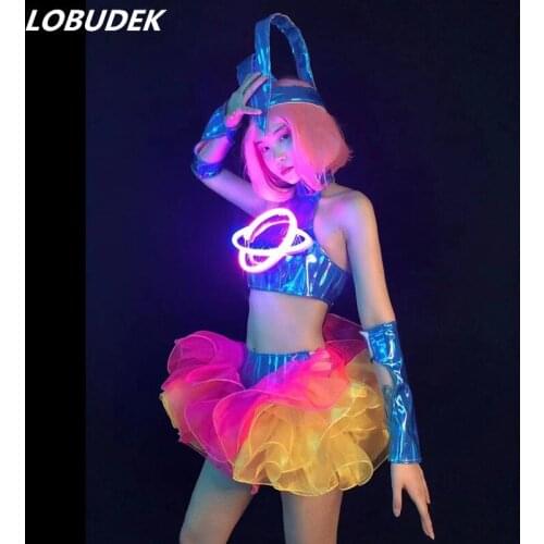 Sexy Festival Light Dance Costume LED Tops Tutu Skirt Outfit Women Dancer Future Technology Performance Stage Wear Bar Clothes