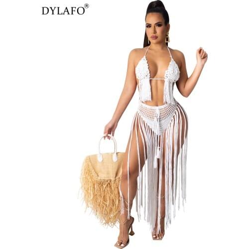 Sexy Hand-woven Swimsuit Set 2021 New Knitted Swimsuit Sexy Crochet Women Swimwear Micro Tassel Bathing Suit Beachwear