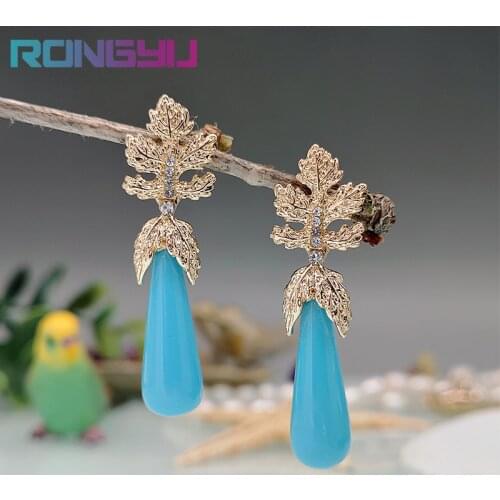 Golden Maple Leaves and Big Drop Shaped Sapphire Earrings Bohemian Fashion Inlaid Rhinestone Pendant Women Jewelry Gift