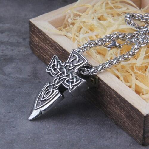 Nordic freyr sword amulet stainless steel viking pendant necklace with wooden box as gift