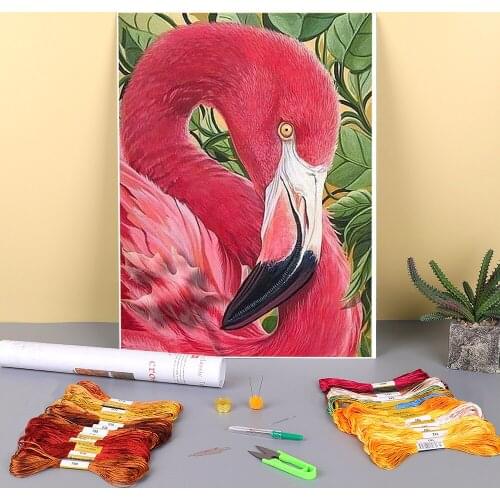 Animal Bird Flamingo Printed Fabric 11CT Cross Stitch Complete Kit DIY Embroidery DMC Threads Painting Hobby Handmade Magic