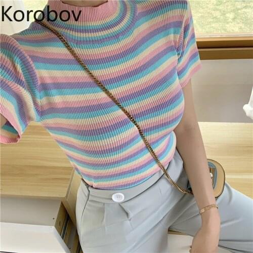 Korobov New Arrival Summer Women T Shirt Korean Colorful Striped Crop Top Tee Harajuku Streetwear Stand Collar T Shirts 78190