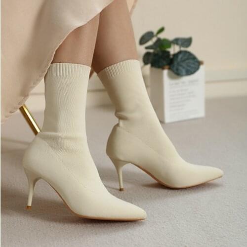 Womens Boots Autumn Winter Stretch Fabric Sock Mid-calf Boots Sexy Ladies Thin High Heels Shoes Pointed Toe Female Pumps 2021