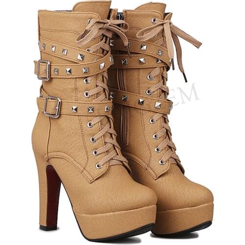 LAIGZEM Women Ankle Boots Platform Wide Ankle Zipper Lace Up Rivets Punk Boots Buckle Straps Ladies Shoes Woman Large Size 33-47