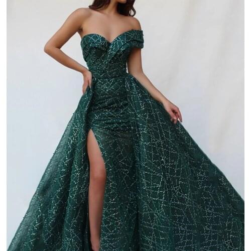 Smileven Dark Green Strapless Evening Dress Shinny Tulle Evening Party Dresses Sequin High Split Formal Prom Gown robe de soiree