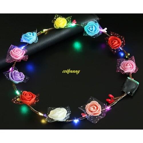 100pcs/lot 10 Lace flowers Hawaii Garland Flashing LED Flower Headband Garland Wreath For Women Girls Glow Party Wedding