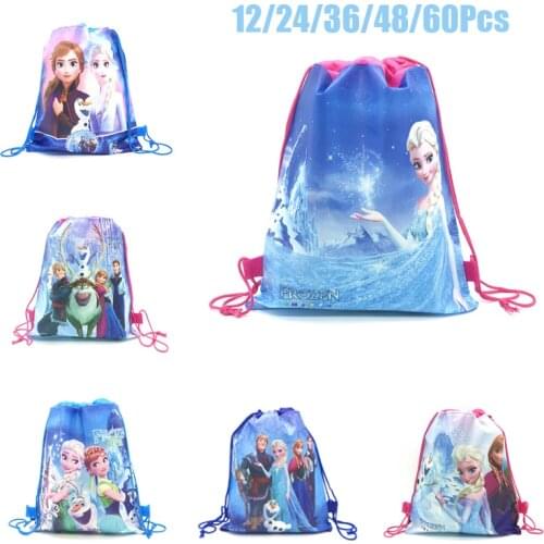 12/60PCS Disney Frozen Anna Elsa Birthday Party Gifts Non-woven Drawstring Bags Kids Girl Favor Swimming School Backpacks