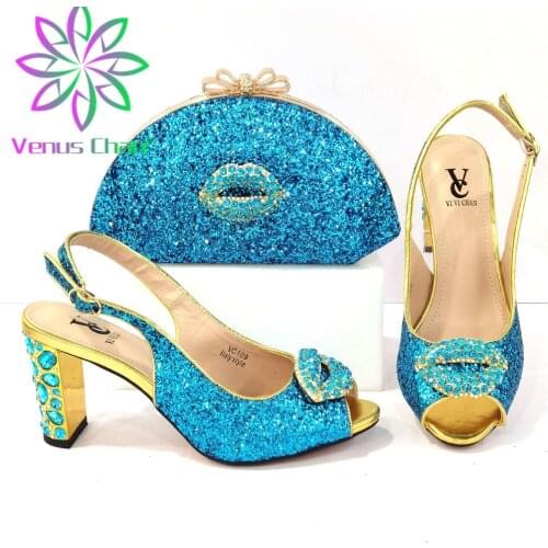 2021 Italian Design African New Arrival Fashion High Heels Royal In Blue Color Ladies Shoes and Bag Set With Platform