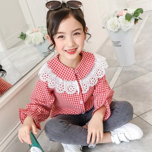 DFXD Teen Girls Blouses 3-14Yrs Spring Children Clothing Long Sleeve Plaid Lace Peter Pan Collar Girls Shirts Kids Fashion Tops