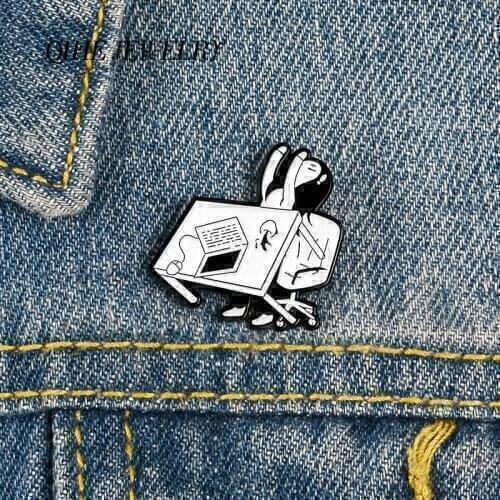 QIHE JEWELRY Overthrow Desk Pins Grumpy Staff Enamel Pins Funny Design Brooches Badges Denim Clothes Bag Pins Gifts for Friends