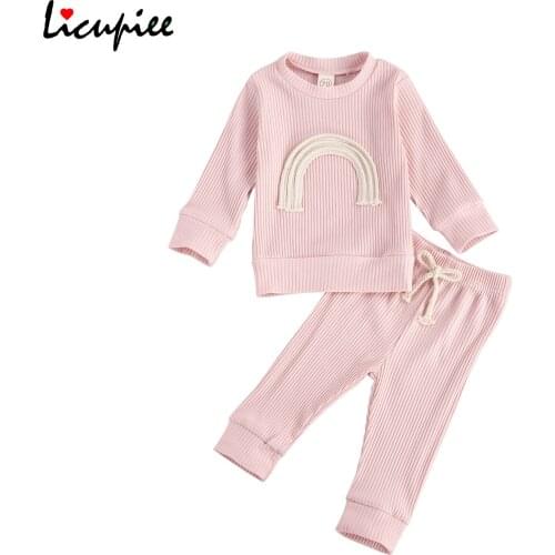 Baby Knitting Pullover Lace-up Pants Round Collar Long Sleeves Rainbow Top Sports Home Jogger Trousers 0-24 Months