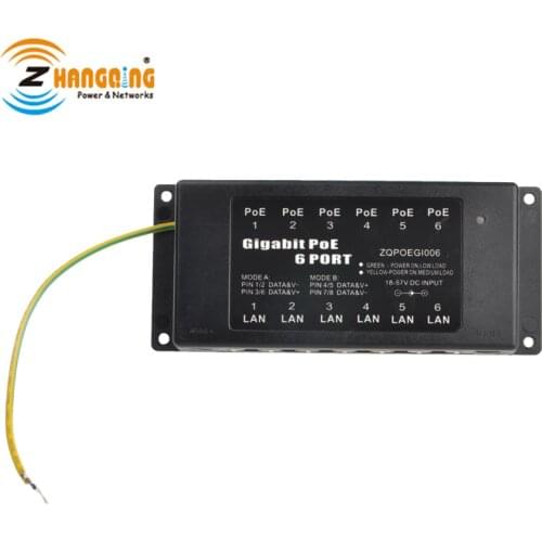 Gigabit PoE Injector 802.3af/at PoE Panel 6 Port 1000Mbps Mode A&B Operation For Networking Devices