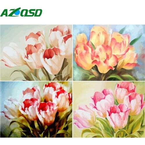 AZQSD Painting By Number Canvas Kits Tulip Acrylic Paint Unframe DIY Coloring By Numbers Flowers Handpainted Gift