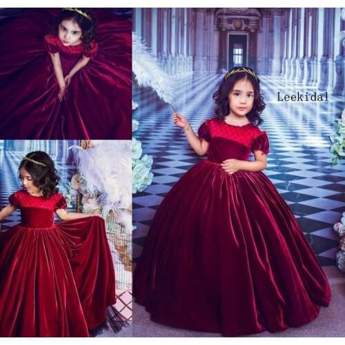 Wine Red Velvet Beading Ball Gown Flower Girls Dresses Short Puffy Sleeve Wedding Party Dresses Birthday Kids Dress Custom