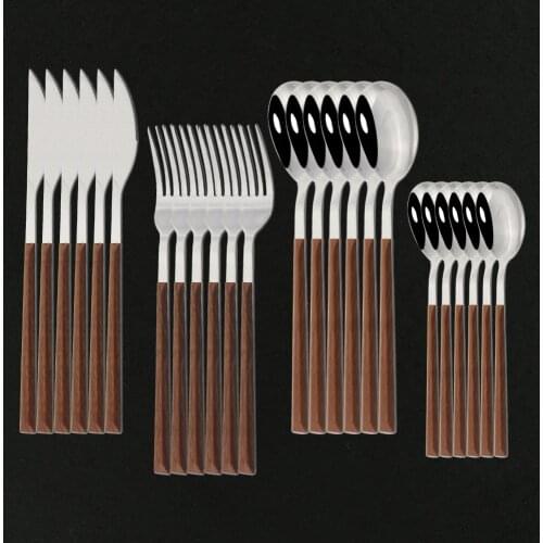 24PCS Gold Silver Stainless Steel Cutlery Set Western Flatware Tableware with Wooden Handle Metal Dinner Spoon Fork Knife