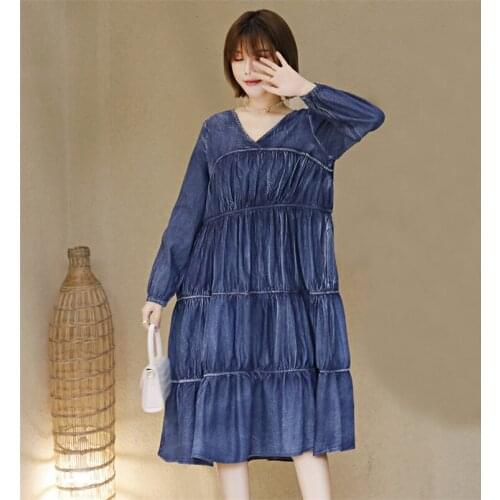 Autumn Women Denim Loose Dress 2020 Vintage A line Drapped V-Neck Lantern Sleeve Dresses Vestidos Q2189 Vestido Feminina